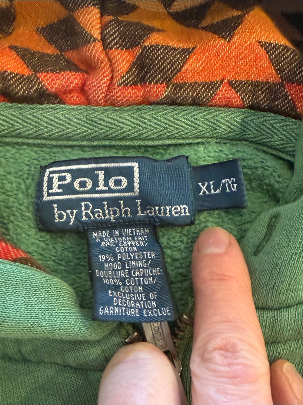 Vintage Polo by Ralph Lauren Green Hoodie with Orange/Brown Aztec Pattern